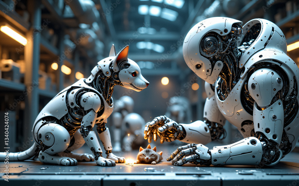 Aufkleber In a workshop setting, a humanoid robot carefully examines a small robotic dog and a miniature object on a table. A futuristic and metallic scene.