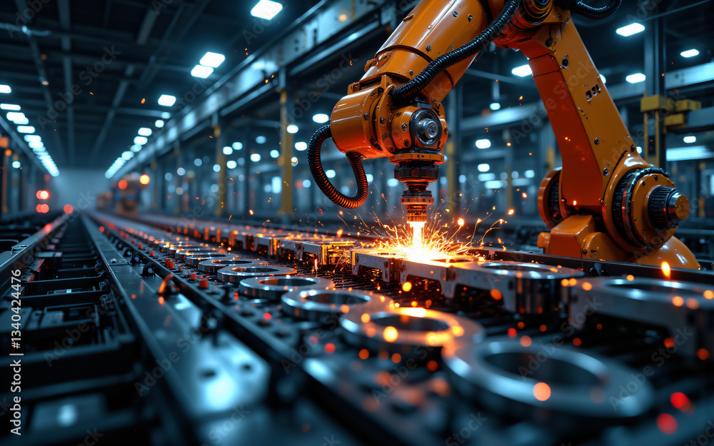 Aufkleber automated robotic arm expertly welds metal components on a production line in a modern industrial fa
