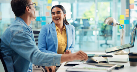 Fototapeta premium Business people, laptop and funny with teamwork, discussion and meeting for feedback. Employees, coworking and consultant for sales agency, pc and cooperation with productivity, share ideas or review