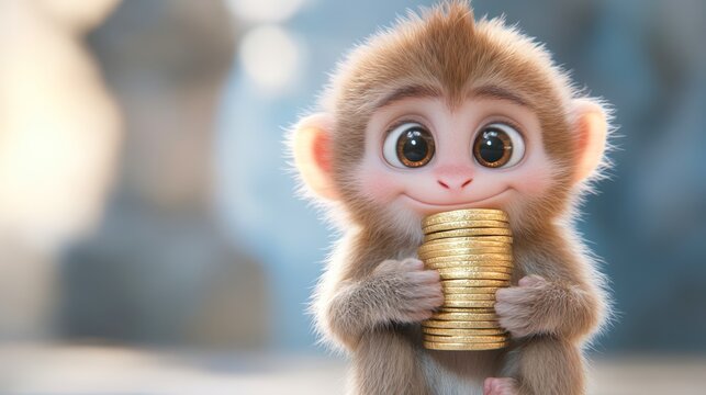 A cute monkey character holds a stack of shiny gold coins, smiling brightly, This whimsical image is perfect for projects related to finance, fun marketing campaigns, children's content