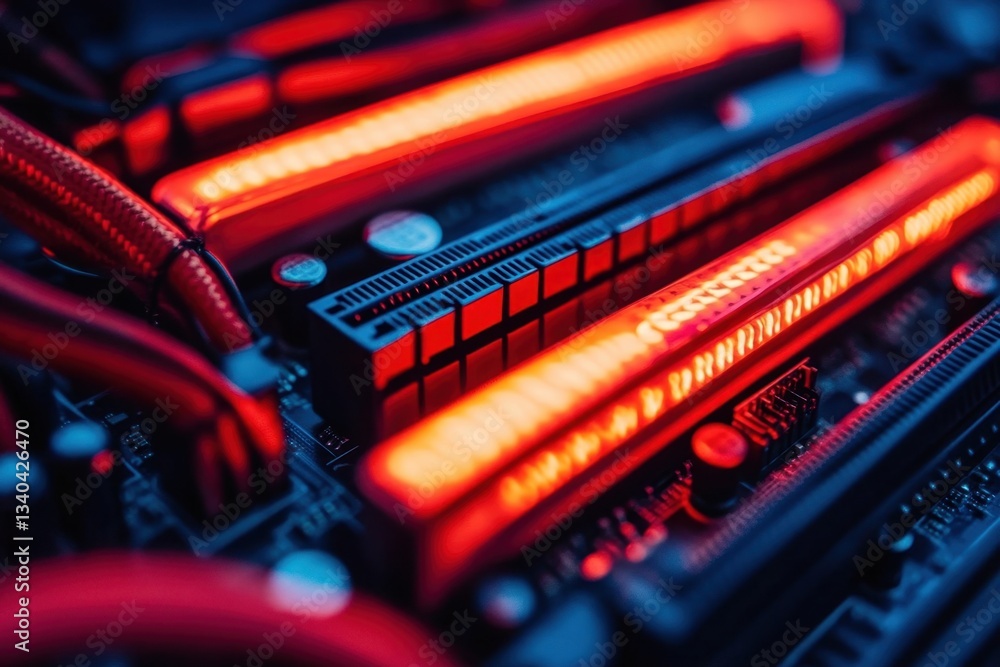 Poster close up of a modern computer motherboard with glowing red lights showcasing technology and innovati
