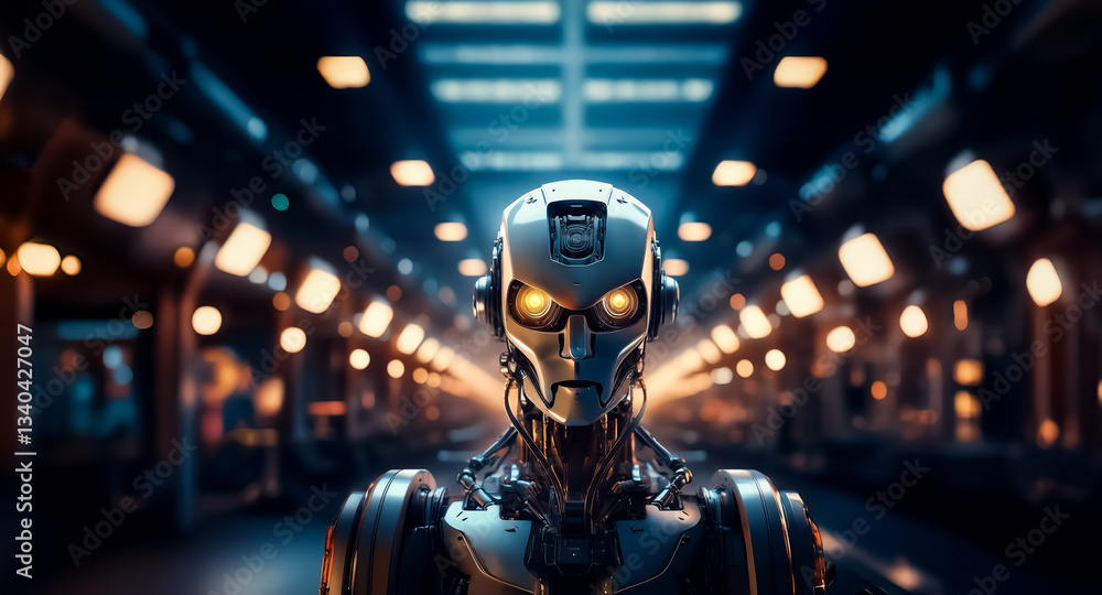 Poster a futuristic cyborg with glowing yellow eyes stands in a brightly lit, blurred hallway creating a st