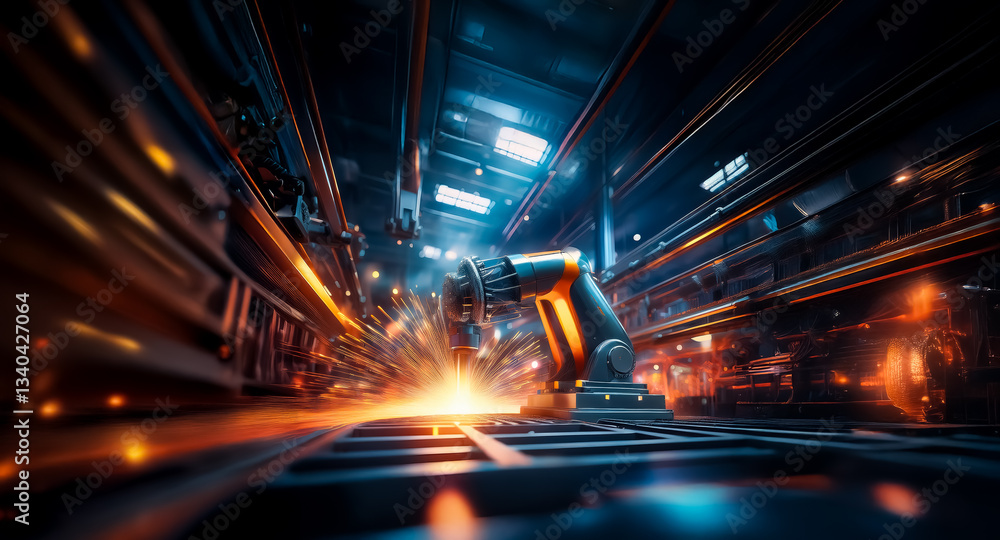 Aufkleber automated robotic arm welds metal with sparks flying in a factory setting. the industrial process is