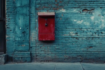 A charming street scene, where a red mailbox is embedded into an aged blue brick wall, vintage textures.