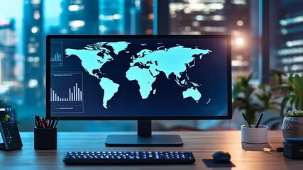 Modern workspace with a computer displaying a world map and data analytics in a cityscape background