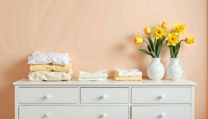 Minimalist pastel baby dresser with floral accents, spring organization