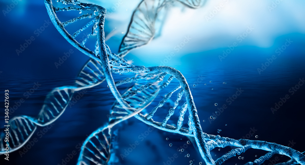 Poster a blue double helix structure, resembling dna, twists against a blurred, deep blue backdrop with hin