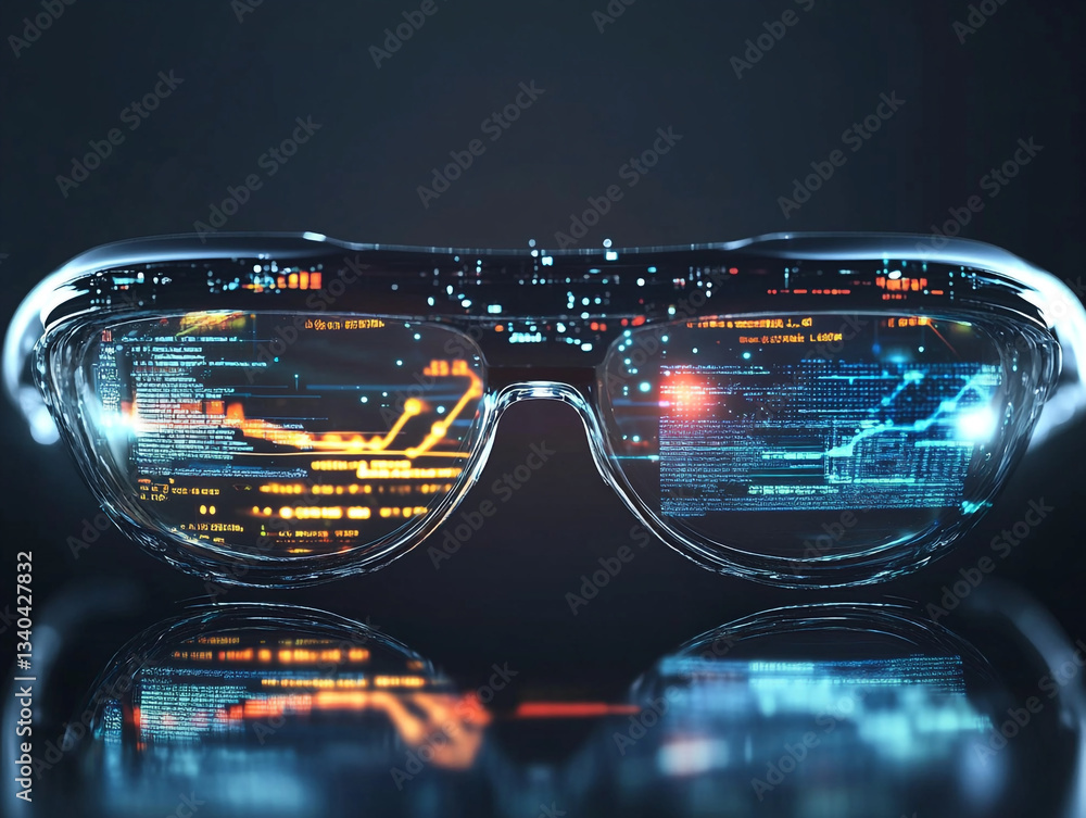 Poster a pair of smart glasses reflecting digital data and code on a dark reflective surface close up view