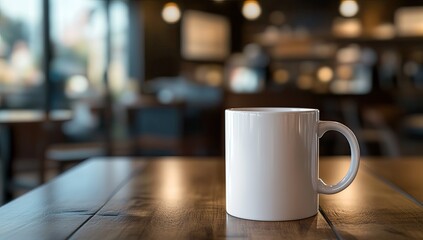Empty white coffee mug on wooden table in cafe