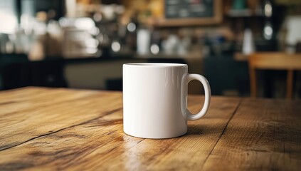 Empty white mug on wooden table in a cafe