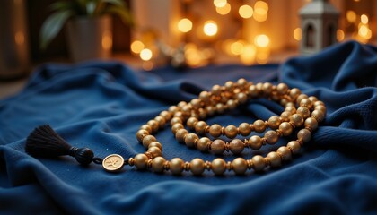 Golden misbaha prayer beads on blue velvet, spiritual symbolism