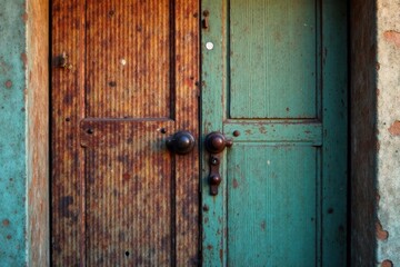 Fototapeta premium Old wooden door with wooden hinges and a wooden keyhole, wooden hinges, wooden decor