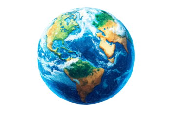 Colorful paper mache globe depicting continents and oceans isolated on transparent background