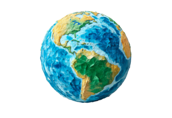Colorful paper mache globe depicting continents and oceans isolated on transparent background