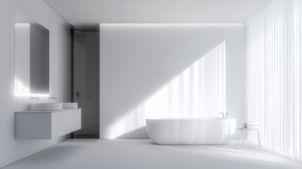 Fototapeta premium Minimalist bathroom interior featuring white silhouettes of furniture and fixtures. 
