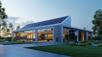 Modern architecture building with solar panels and glass walls surrounded by greenery and concrete path