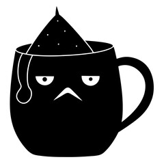 A grumpy teabag inside a mug silhouette vector illustration
