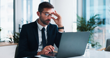 Thinking, frustrated and man with glasses, laptop and planning for case in law firm, advocate and...