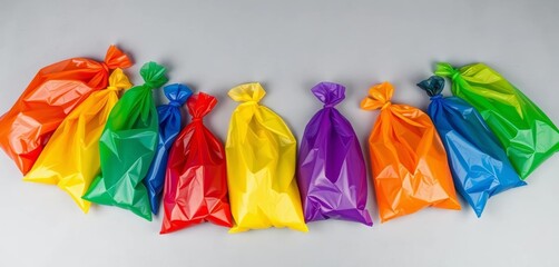 Rainbow-colored plastic bags arranged on gray surface, symbolizing pollution and recycling, sustainability, design