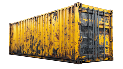 Yellow industrial cargo containers stacked near a warehouse in a city freight transport site