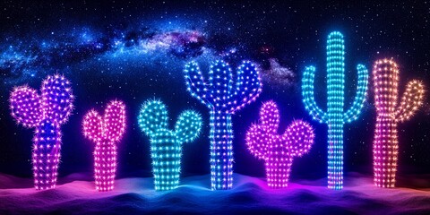 Illuminated Cactus Desert Night Scene Neon Cactus Plants Under Starry Sky