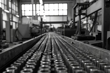 Fototapeta premium Conveyor belts carry metal parts through an assembly line. Machines work in sync with each movement