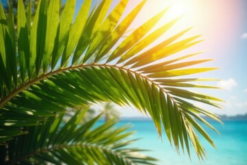 Naklejka premium Palm fronds with vibrant hues of green and blue against a warm sunny day background, nature, sun