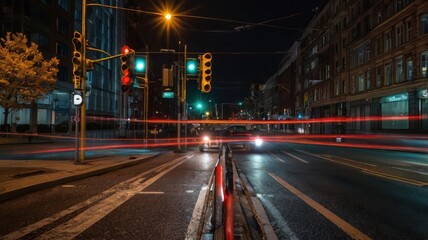 Obraz premium City street at night with traffic lights, car trails, and buildings. Possible use Stock photo