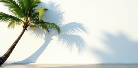 Fototapeta premium Palm tree casts a long shadow on white wall in tropical setting, outdoor, warm light, tropical palm tree