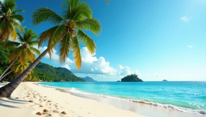 Obraz premium Palm trees sway gently in ocean breeze on sandy beach with island in distance, landscape, ocean