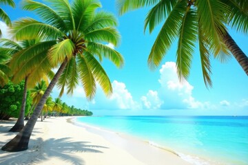 Fototapeta premium Palm trees sway gently in ocean breeze, with sandy shoreline and turquoise water, ocean waves, tropical beach, sunset