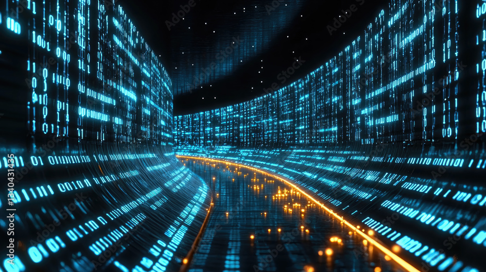 Poster futuristic digital tunnel filled with glowing binary code, representing data flow and technology. vibrant blue lights create mesmerizing