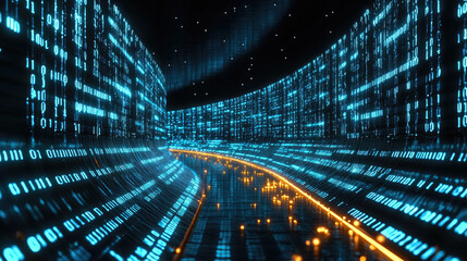 futuristic digital tunnel filled with glowing binary code, representing data flow and technology. vibrant blue lights create mesmerizing