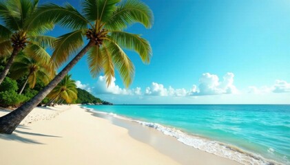 Obraz premium Palm trees sway in ocean breeze with sandy beach, palm, fine art