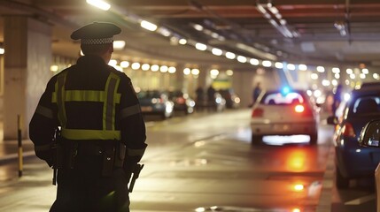 Police officer in reflective uniform standing on duty during night shift patrolling and monitoring an illuminated urban parking lot with parked vehicles and city architecture in the background