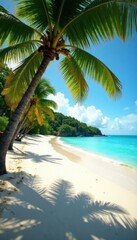 Palm trees sway in tropical breeze, sandy beach stretches far and wide, ocean, sunset