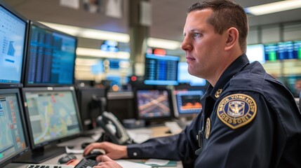 Police officer in uniform sitting at a desk closely monitoring multiple screens displaying security footage data analytics and other information in a command center or control room setting