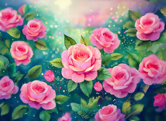 Fototapeta premium A beautiful garden filled with pink roses in full bloom, creating a vibrant and romantic background. The scene is soft and dreamy.