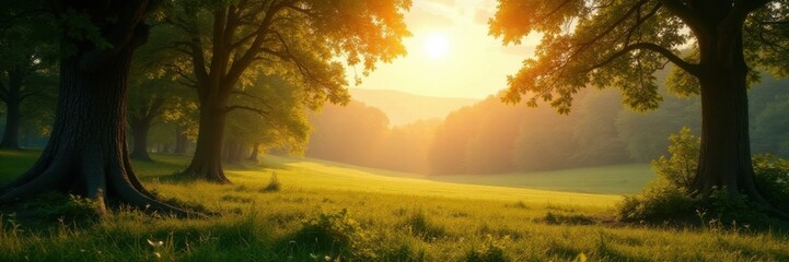 Obraz premium Panorama with sunlight filtering through trees, beauty of nature, landscape photography