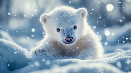Obraz premium A Cuddly White Polar Bear Cub Playing in the Snow
