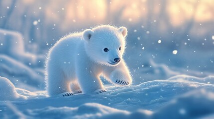 A cute polar bear cub walking through a snowy landscape