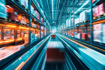 Fototapeta premium Conveyor belts transport goods through a massive distribution center. Every movement is tracked