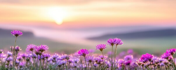 Fototapeta premium Macro flowers landscapes idea. Beautiful sunset over a field of vibrant purple flowers, capturing nature's tranquility.