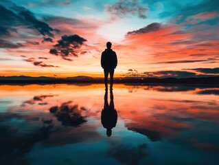 A person standing in front of a serene sunset, wearing a peaceful expression, reflecting the tranquility of lifea??s fleeting beauty