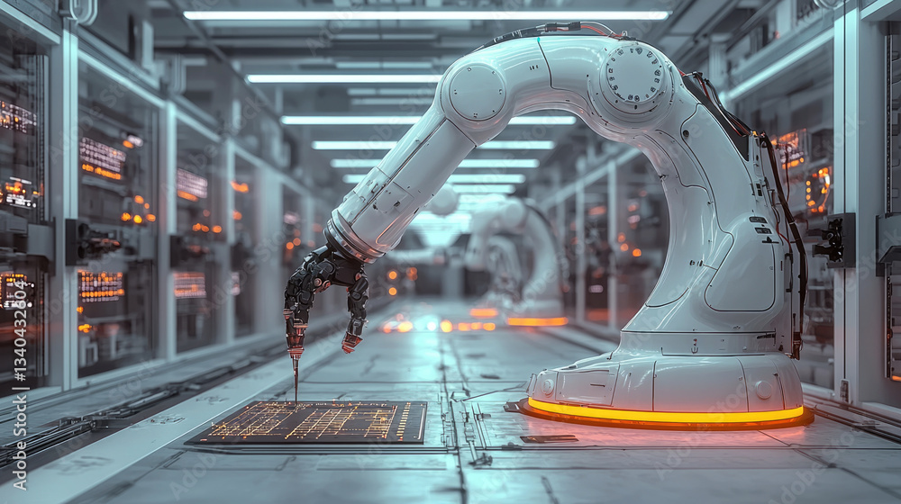 Aufkleber robotic arm futuristic lab setting, showcasing advanced technology and automation. environment is illuminated with soft lighting, enhancing modern