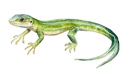 Obraz premium Watercolor illustration of a bright green lizard on white background