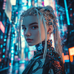 Futuristic cyberpunk woman in the city at night. Female cosplay character in a futuristic city. Beautiful young cyborg girl in tech wear in a neon-lit 