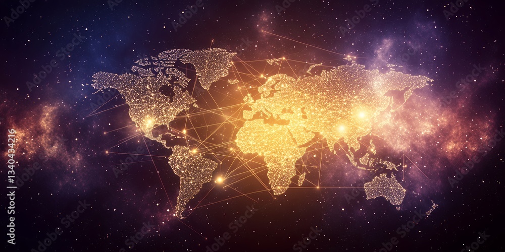 Poster global network connections illuminated world map abstract background