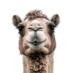 Fototapeta premium Close-up portrait of a camel head with brown fur isolated on a transparent background