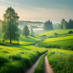 Lush green fields of Moravia, rolling landscapes with vibrant meadows, creating a picturesque countryside view